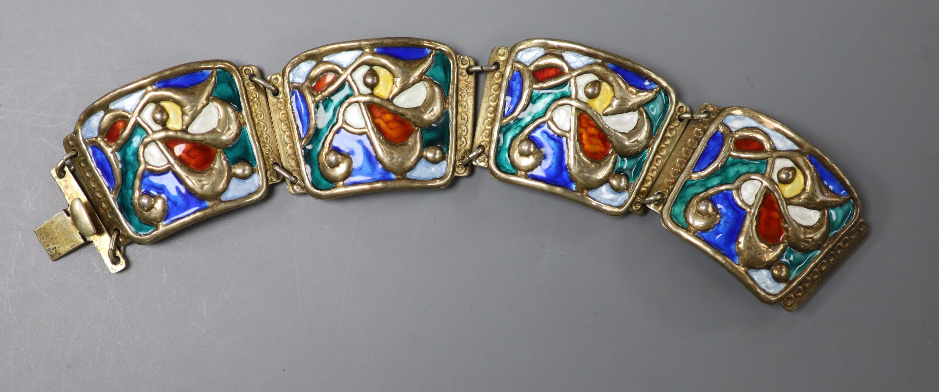 A stylish Norwegian 925s and polychrome enamel bracelet by Oystein Balle, of curved design, approx. 17.5cm, gross weight 53 grams.